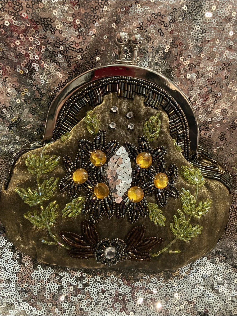 Embroidered Olive Green Beaded Clutch - Picture 8 of 8